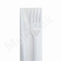 Komplet sztućców białych: widelec + nóż + serwetka wielorazowego użytku /A350